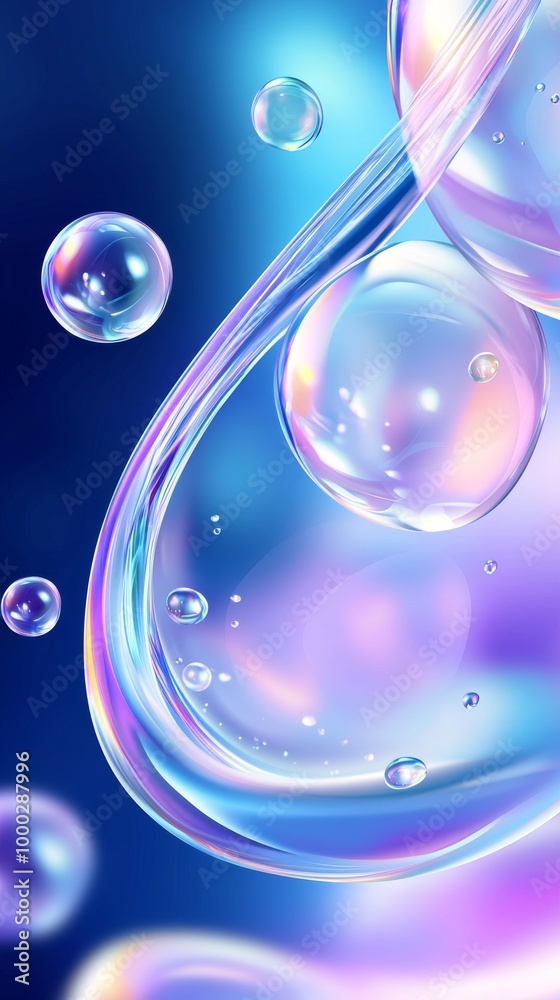 Poster a 3d rendering of metaballs, floating liquid blobs, and soap bubbles (vertical).