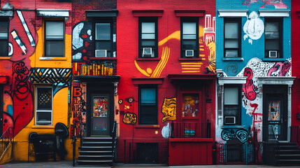 Vibrant Graphic Art Transforms Charming Townhouses in Lively Urban City View