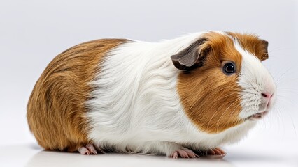 Fototapeta premium A cute guinea pig with a mix of brown and white fur, posed against a plain background.