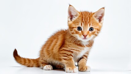 Fototapeta premium A cute orange tabby kitten with blue eyes sitting on a white background.