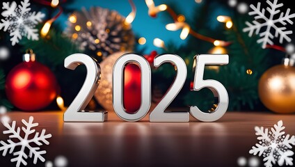 white 2025 year set against christmas background showing lights, decorations 