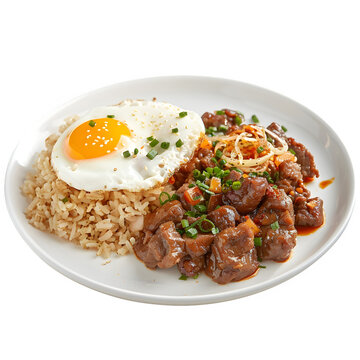 Mouthwatering filipino tapsilog meal featuring garlic rice, a sunny-side-up egg, and savory marinated beef garnished with green onions