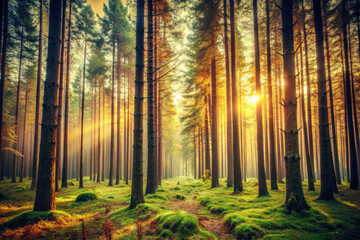 Naklejka premium Sunlight streams through towering trees in a serene forest, illuminating the vibrant green underbrush at golden hour. Generative AI
