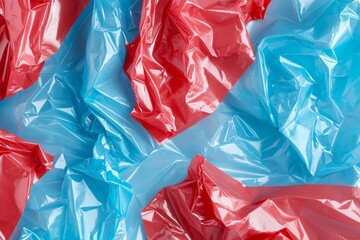 An outline of crumpled black paper. A closeup of crumpled cardboard under red and blue studio lighting.