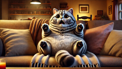 A cartoon cat is sitting on a couch with a blanket. The cat is looking at the camera and he is surprised