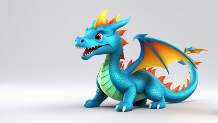 Fototapeta premium A cute, cartoon-style blue dragon with orange accents and large wings.