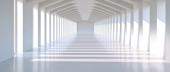 Light corridor with a modern white background, futuristic sci-fi triangle tunnel. Rendering in 3D.