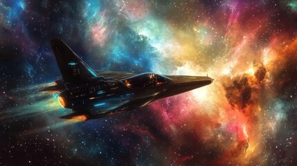 Futuristic Spaceship Flying Through a Colorful Nebula