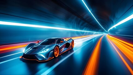 Obraz premium Futuristic sports car speeding in neon tunnel, blue and orange, technology ad banner