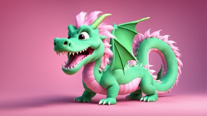 Obraz premium A cute, cartoon-style dragon with pink accents and green scales, set against a pink background.