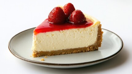 A piece of traditional classic cheesecake with strawberries on white background. Sweet fruit dessert