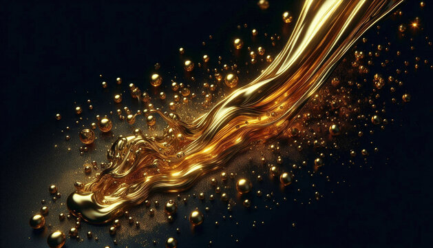 Eine goldene Struktur flie&szlig;t auf einen dunklen Hintergrund, einzelne Tropfen spritzen hoch