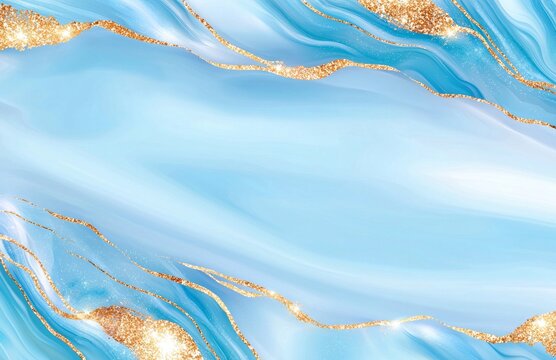 The background is a marbled blue and golden abstract pattern.