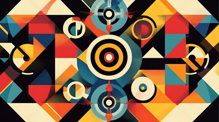 Abstract geometric pattern with colorful shapes and circles.