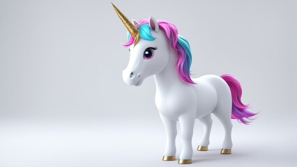 A cute, stylized unicorn with a golden horn and colorful mane, designed for playful themes.