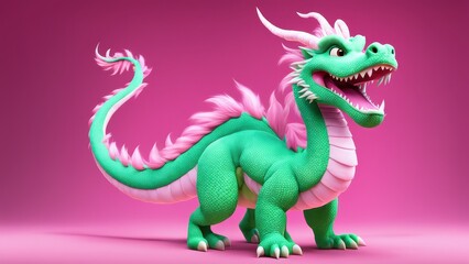 A cute, stylized green dragon with pink accents, set against a vibrant pink background.