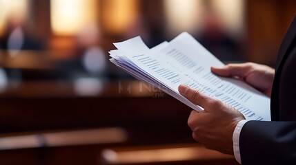 Close-up of a lawyer&acirc;&euro;&trade;s hands holding legal papers in a courtroom setting