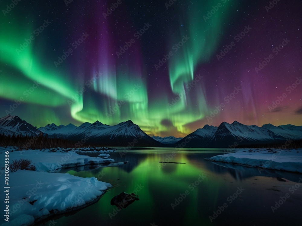 Wall mural aurora over the lake, northern lights,