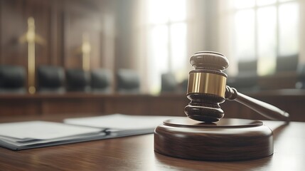 Judgeâ€™s gavel and legal documents on a wooden desk in a courtroom with blurred background