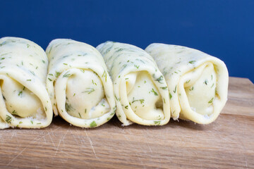 Panchak rolls with filling. Side view, close-up. Pancake rolls