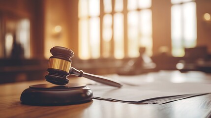 Judgeâ€™s gavel and legal documents on a wooden desk in a courtroom with blurred background