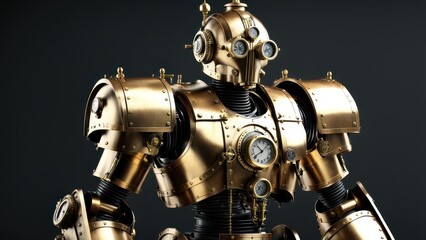 A detailed steampunk robot with brass elements and mechanical features.