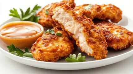 Fried breaded chicken tender strips with a sauce on white background. Crispy meat nuggets on the plate