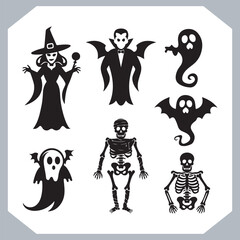 Set of logotype different type of black simple Halloween vector illustration silhouettes in white background, collection of Halloween silhouettes