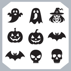 Set of logotype different type of black simple Halloween vector illustration silhouettes in white background, collection of Halloween silhouettes