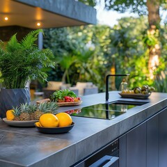 Modern outdoor kitchen with fresh fruits and lush greenery