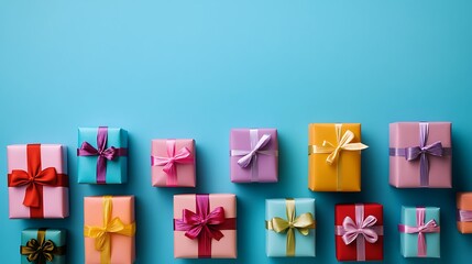 Obraz premium Row of neatly wrapped gift boxes in various sizes, each with a different colored ribbon