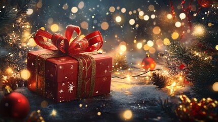 Festive scene with an elegantly wrapped gift box, surrounded by holiday decorations and lights