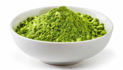 Bowl filled with vibrant green matcha powder on a white background, showcasing its fine texture and bright color.