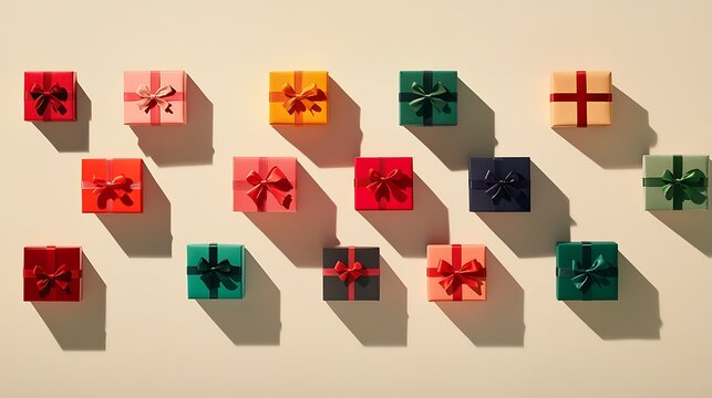 Group of gift boxes in various colors with ribbons and bows arranged in a creative layout