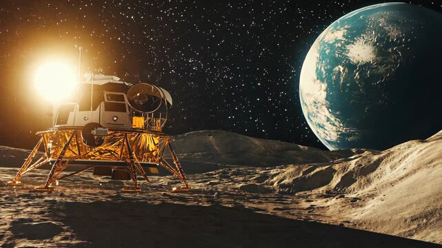 A lunar lander sits on the Moon's surface, with Earth rising in the distance and the Sun shining brightly