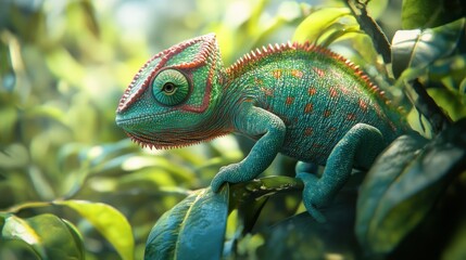 Fototapeta premium A Vibrant Green Chameleon Perched on Lush Foliage