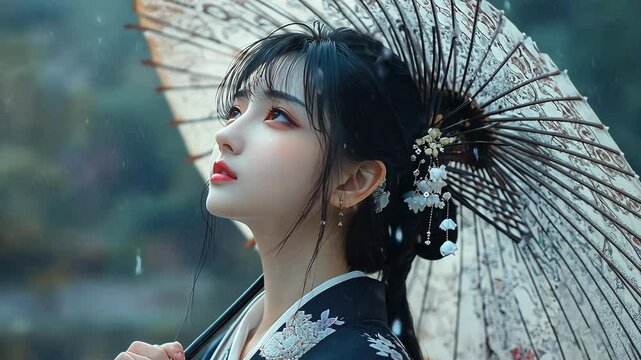 A woman in a traditional Japanese kimono stands in the rain, holding an umbrella and gazing upwards