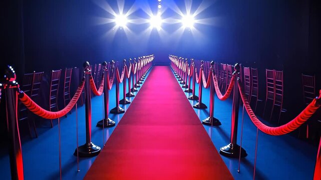 An empty red carpet is surrounded by ropes with dramatic blue and pink lighting, creating an elegant atmosphere. There is no one present, heightening the anticipation of an event. It is nighttime.