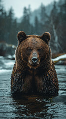 Obraz premium Brown bear standing in a river, facing forward.