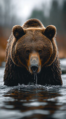 Obraz premium Brown bear standing in a river, facing forward.
