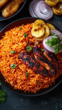 Vertical format, Vibrant plate of spicy jollof rice topped with grilled chicken, fried plantains, and sliced onions, served in a traditional setting