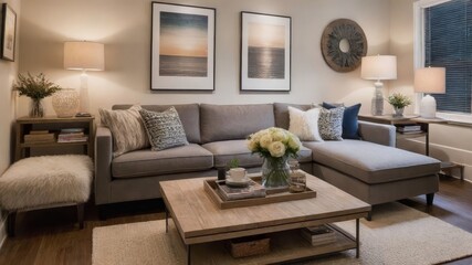 Obraz premium A living room with a gray couch and a coffee table