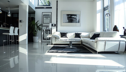 Fototapeta premium Large white living room with a black coffee table and a white couch. A potted plant is on the left side of the room. The room has a modern and minimalist design