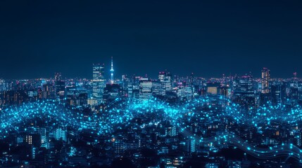 Fototapeta premium Smart city and big data connection technology concept with digital blue wavy wires with antennas on night megapolis city skyline background, double exposure