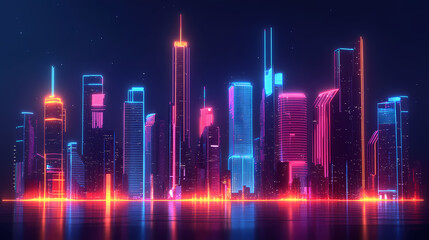 A futuristic city skyline at night with neon 3d glowing lights outlining each building, creating a vibrant and energetic atmosphere. Neon Skyline. Illustration