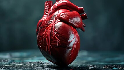 A red, anatomical heart sits on a dark, textured surface