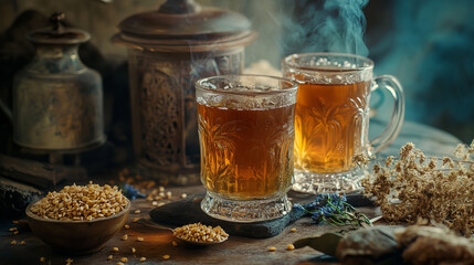 Fototapeta premium Photographing buckwheat tea in a cozy cafe setting.