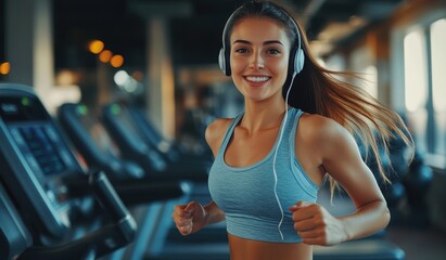 Fototapeta premium Young woman jogging on treadmill in gym during early morning workout