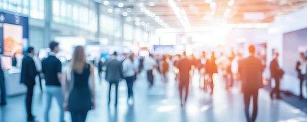 Professionals and business representatives mingling at a trade show, defocused background