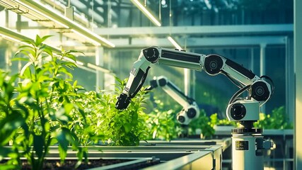 Robotic arms systematically tend to vibrant green plants in a high-tech greenhouse during the daytime. Bright sunlight streams through the glass, highlighting the advanced agricultural technology.